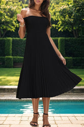 Perfee Pleated Off-Shoulder Midi Dress OutfitFlow